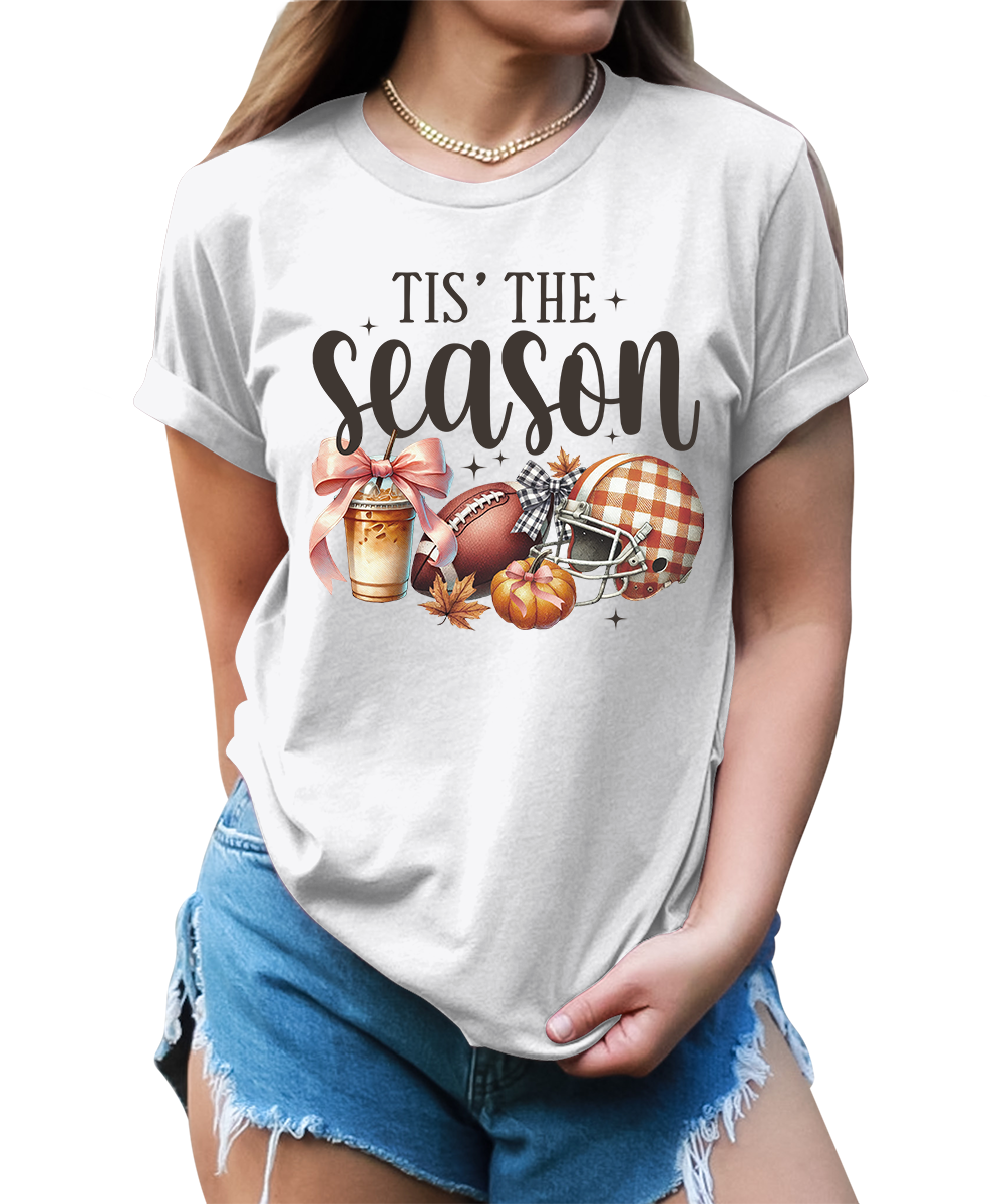 Tis' The Season Thanksgiving Football Pumpkin Graphic Tees for Women