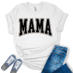 Mama Shirt Leopard Letter Print T Shirt Short Sleeve Graphic Tees for Women