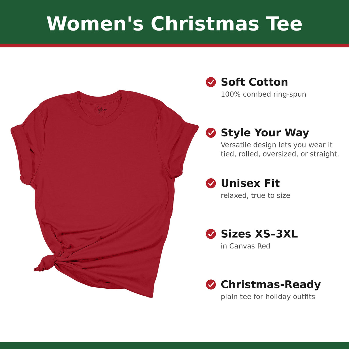 Plain Canvas Red women's Christmas tee with feature callouts