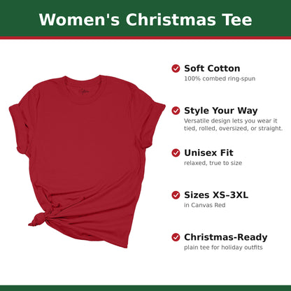 Plain Canvas Red women's Christmas tee with feature callouts