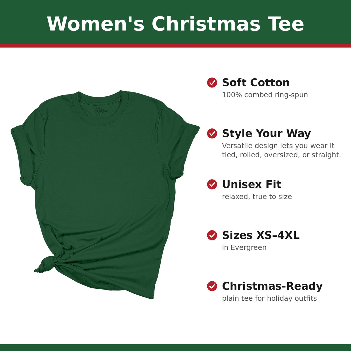 Plain Evergreen women's Christmas tee with feature callouts
