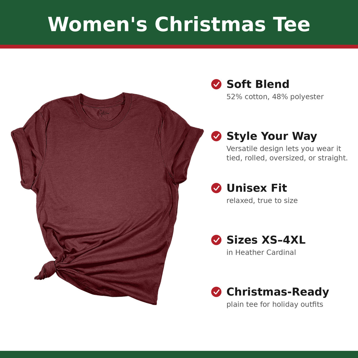 Plain Heather Cardinal women's Christmas tee with feature callouts