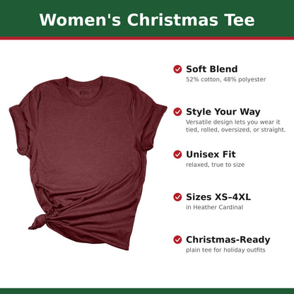 Plain Heather Cardinal women's Christmas tee with feature callouts