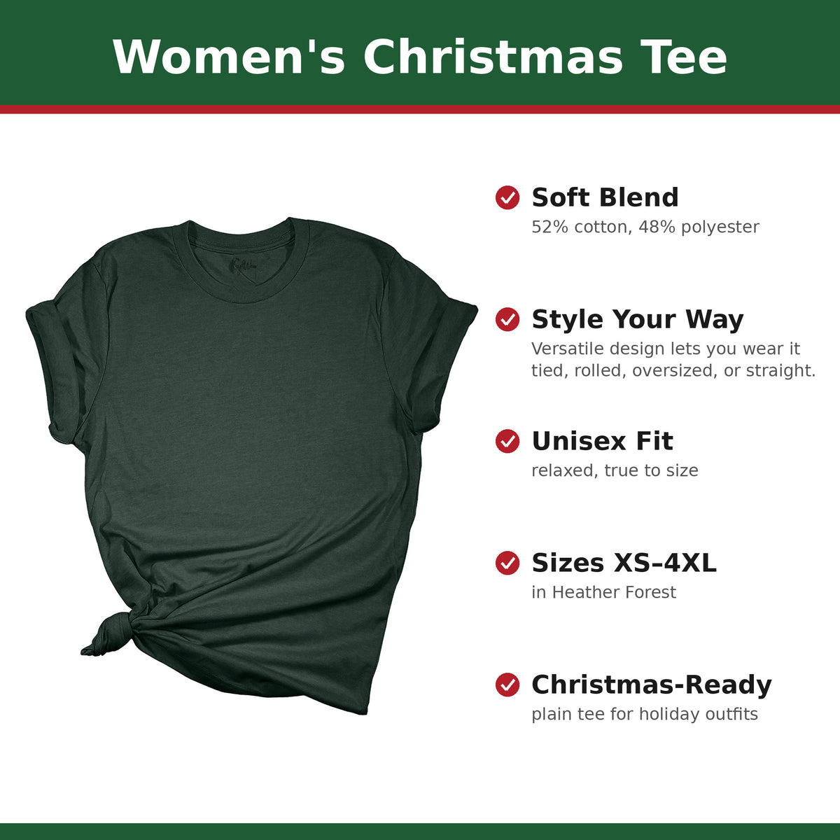 Plain Heather Forest women's Christmas tee with feature callouts