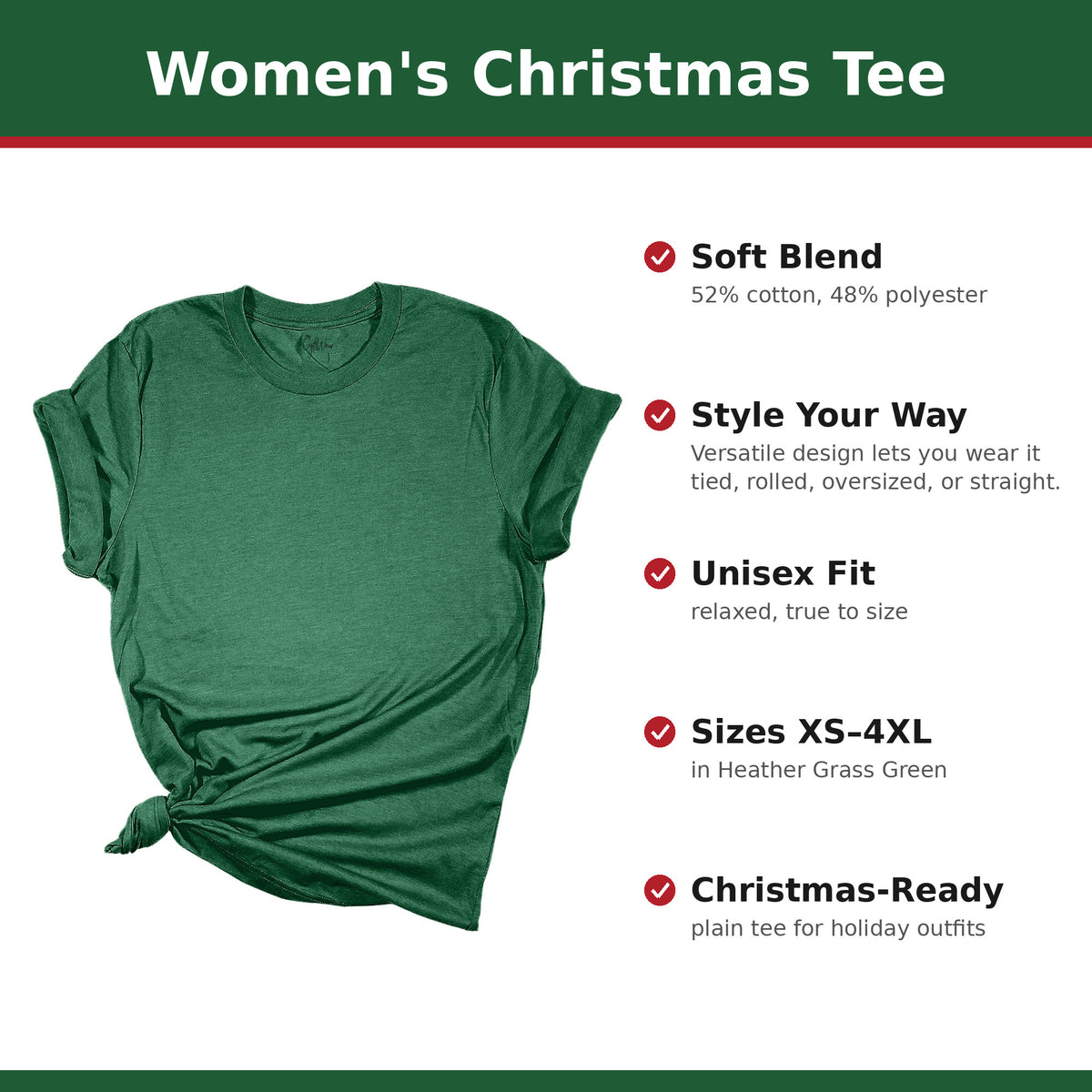 Plain Heather Grass Green women's Christmas tee with feature callouts