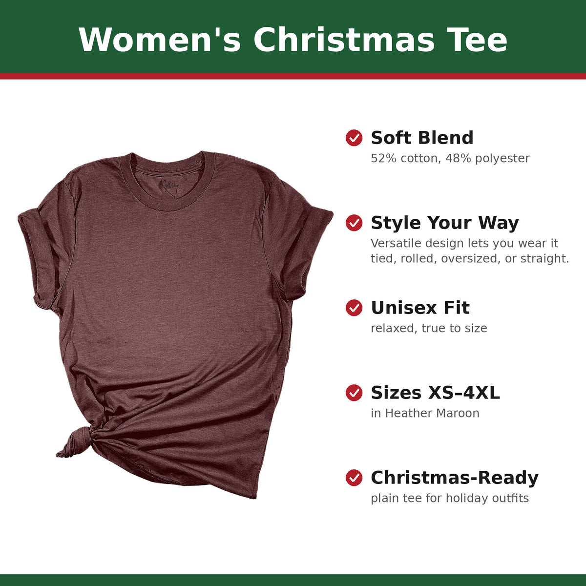 Plain Heather Maroon women's Christmas tee with feature callouts