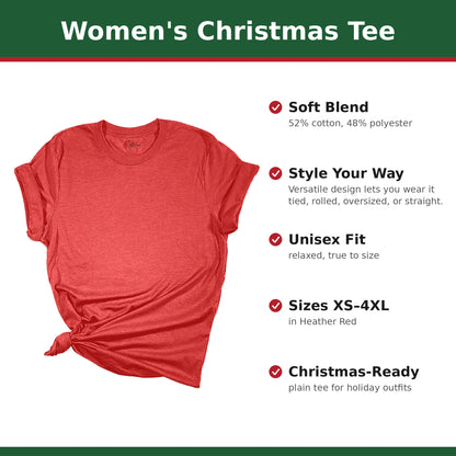 Plain Heather Red women's Christmas tee with feature callouts