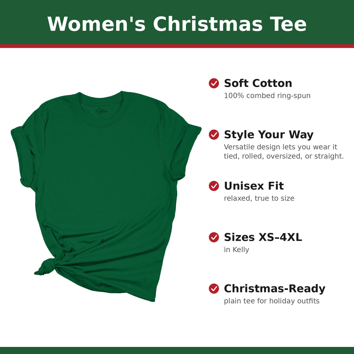 Plain Kelly women's Christmas tee with feature callouts