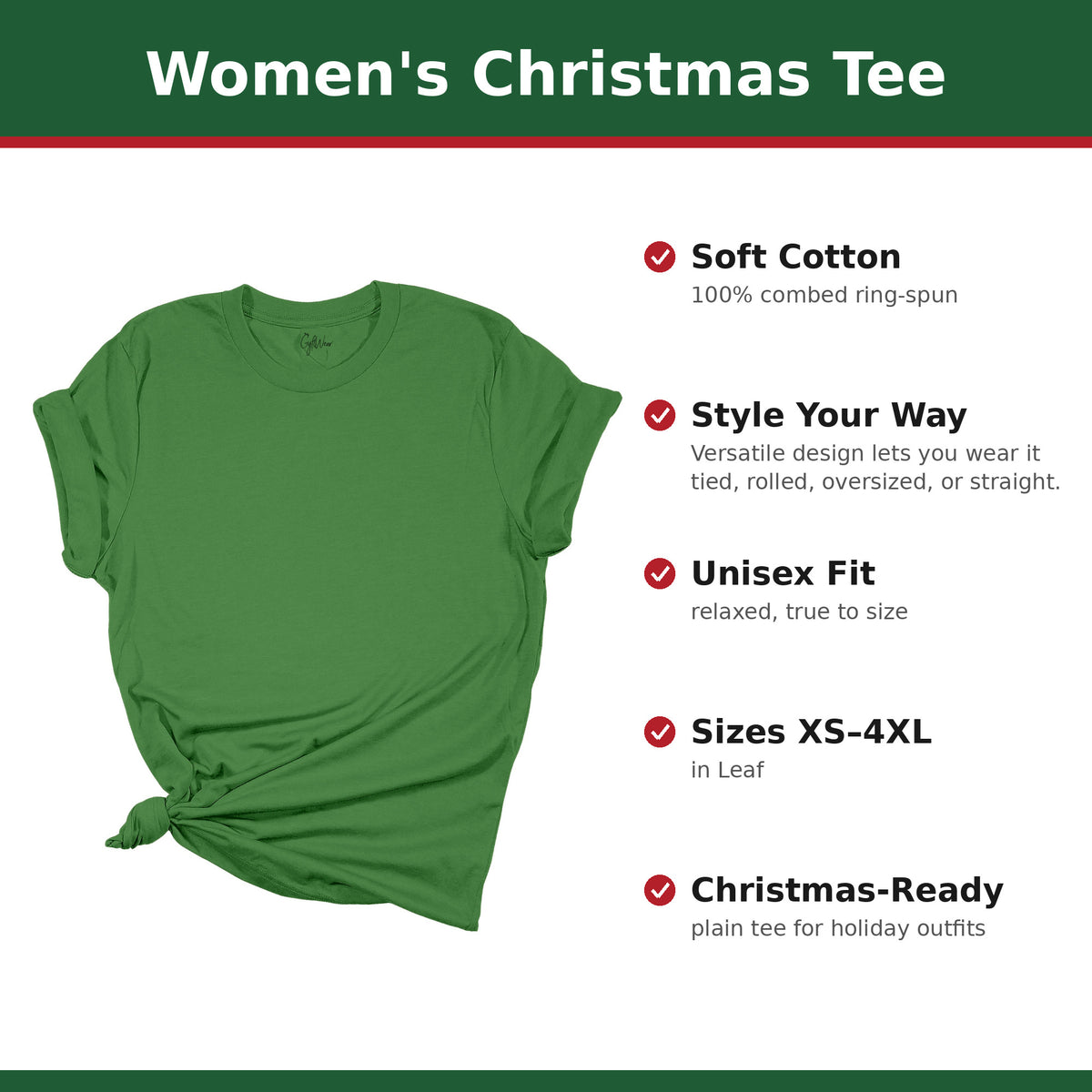 Plain Leaf women's Christmas tee with feature callouts