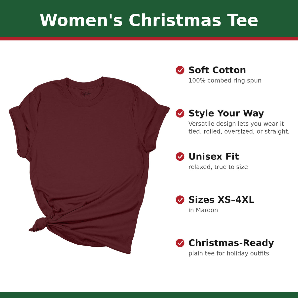Plain Maroon women's Christmas tee with feature callouts