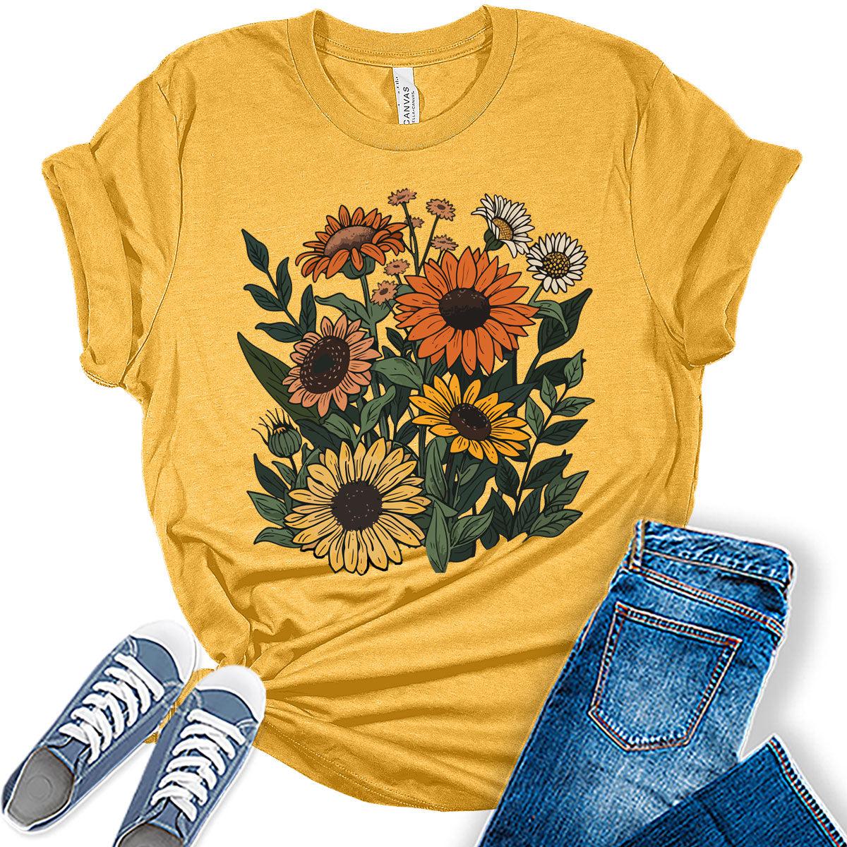 Sunflower Shirt Boho Trendy Vintage Tops Cottagecore Plus Size Graphic Tees for Women