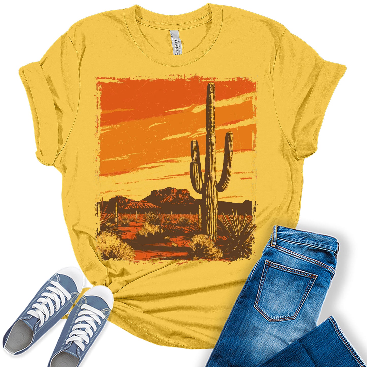 Western Shirts for Women Groovy Retro Desert Cactus T Shirts Country Concert Tops Plus Size Graphic Tees