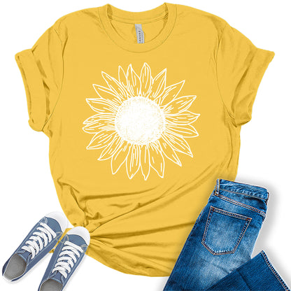 Women's Vintage Short Sleeve Cute Sunflower Graphic Printed Tee Summer T Shirt Cotton Tops Novelty Shirts