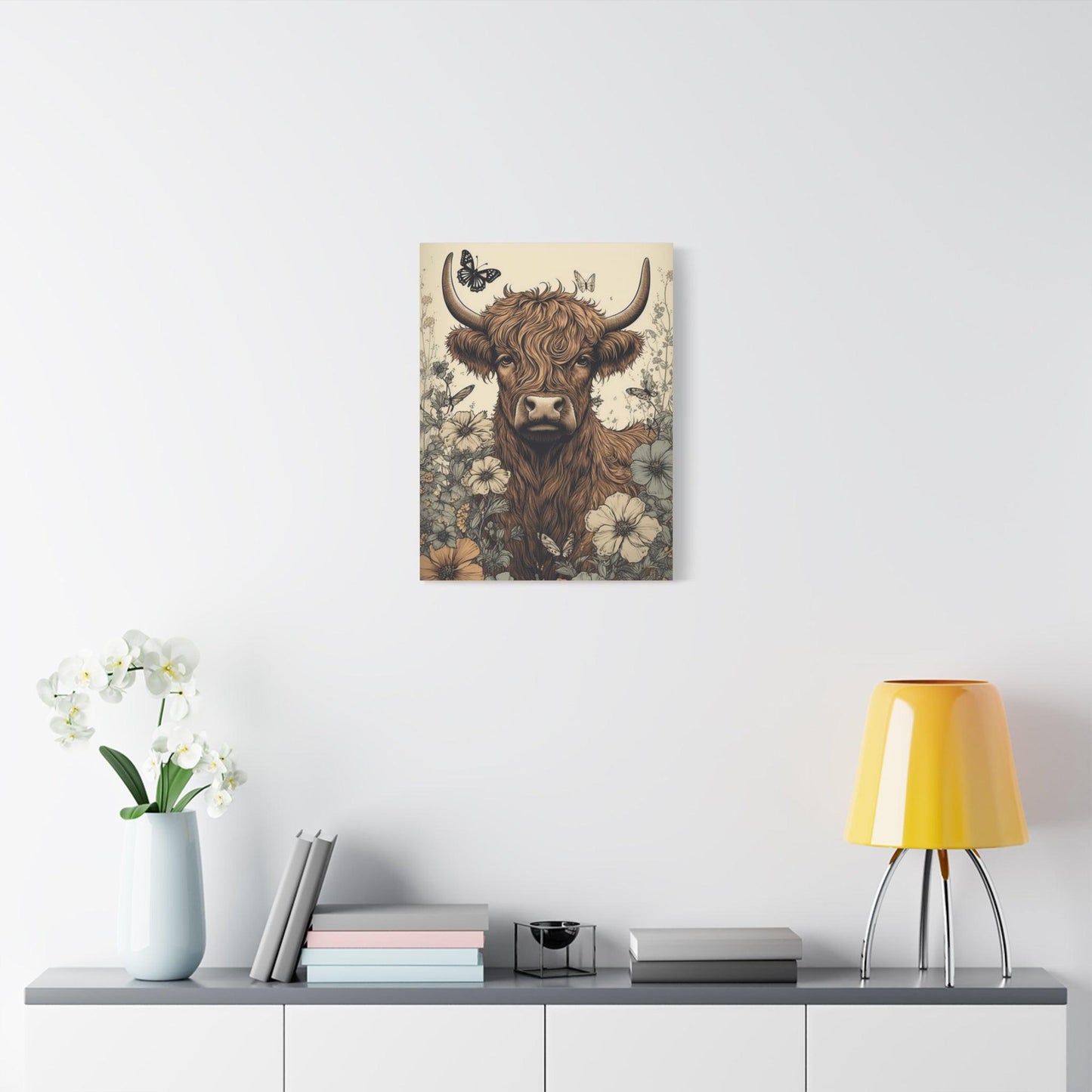 Highland Cow in a Spring Pasture Stretched Canvas Print Stretched 1.25" Thick