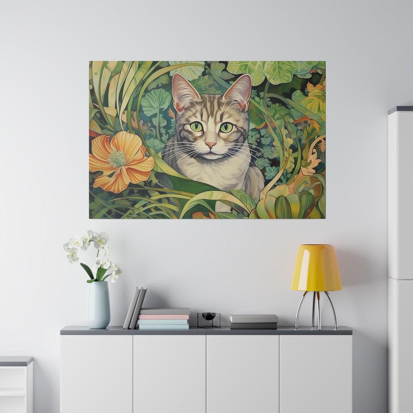 Tropical Floral Cat Stretched Canvas Print .75" Thick