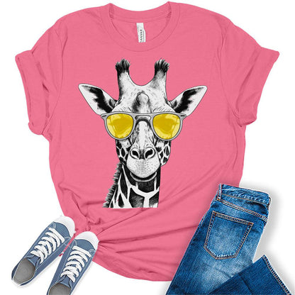 Womens Trendy Giraffe With Yellow Glasses Casual Ladies Cute Graphic Tees Spring Short Sleeve T Shirts Plus Size Summer Tops