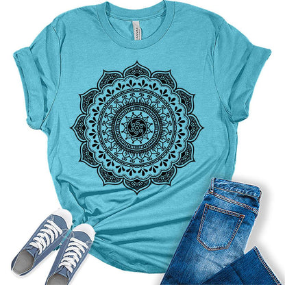 Womens Mandala Flower Vintage Shirt Casual Bella Graphic Tees Short Sleeve Plus Size Vacation Classic-Fit Summer Tops