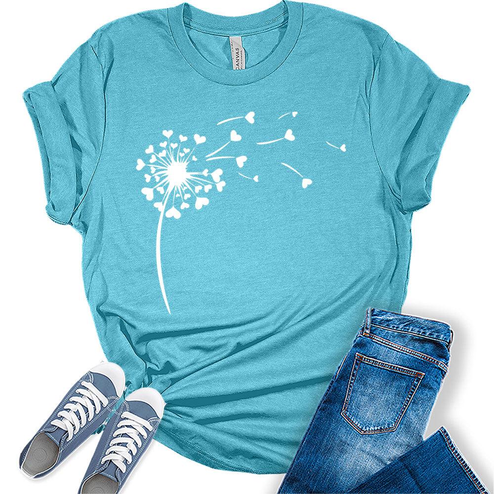 Womens Dandelion Shirt Casual Ladies Cute Floral Graphic Tees Spring Short Sleeve Plus Size Summer Tops for Women