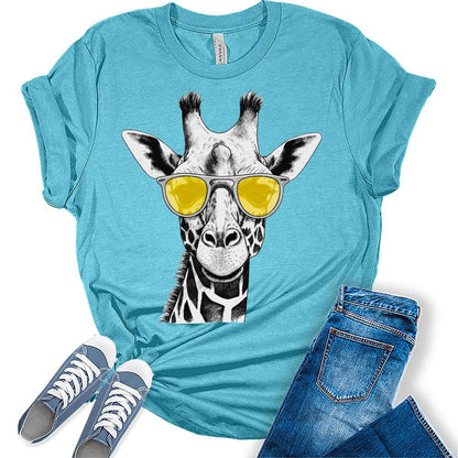 Womens Trendy Giraffe With Yellow Glasses Casual Ladies Cute Graphic Tees Spring Short Sleeve T Shirts Plus Size Summer Tops