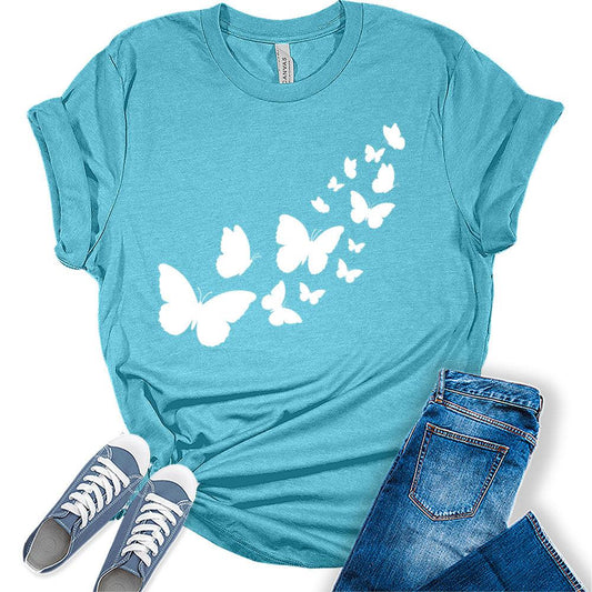 Cute Butterfly White Silhouette Shirt Casual Ladies Cute Floral Bella Graphic Tees Spring Short Sleeve Plus Size Summer Tops for Women