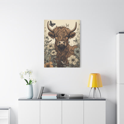 Highland Cow in a Spring Pasture Stretched Canvas Print Stretched 1.25" Thick