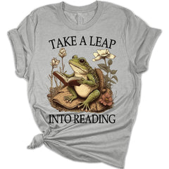 Womens Frog Reading Teacher Shirt Take A Leap Into Reading T-Shirt Funny Graphic Tee