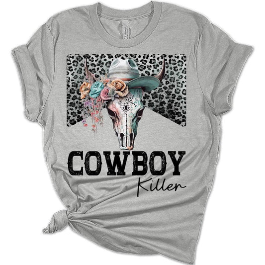 Womens Cowboy Killer T-Shirt Cute Western Shirt Casual Graphic Tee Short Sleeve Top