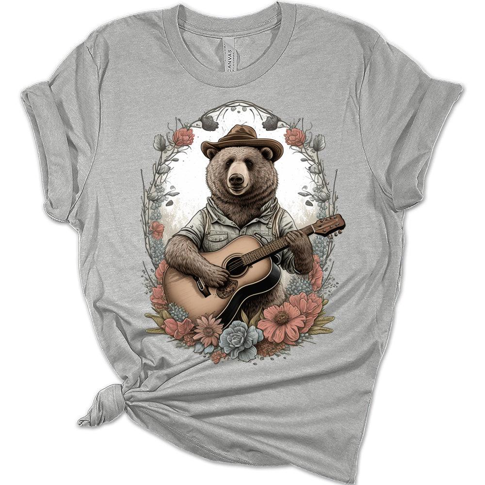 Womens Cottagecore Shirt Bear Playing Guitar T-Shirt Cute Floral Graphic Tee Short Sleeve Top