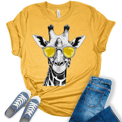 Womens Giraffe Wearing Yellow Sunglasses Graphic T-Shirt