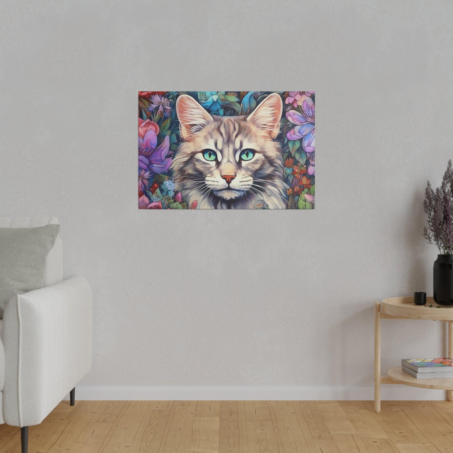 Purple Floral Cat Watercolor Stretched Canvas Print .75" Thick