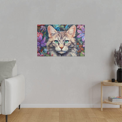 Purple Floral Cat Watercolor Stretched Canvas Print .75" Thick