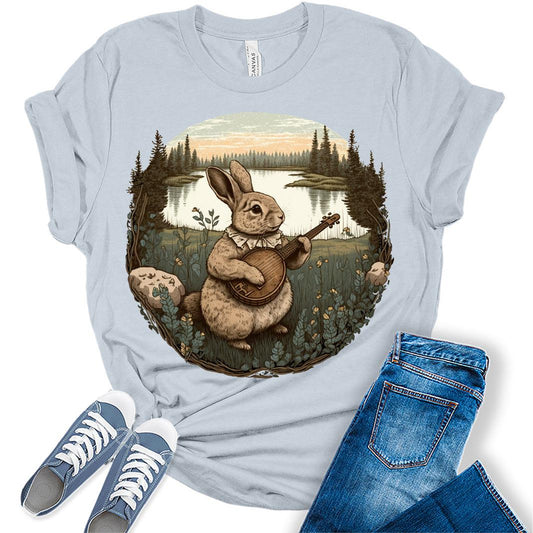 Womens Easter Bunny Shirt Cute Rabbit Playing Music T Shirts Cottagecore Clothing Aesthetic Graphic Tees