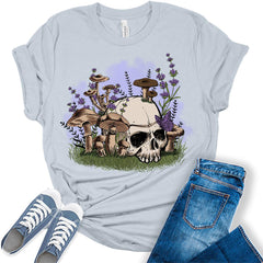 Womens Cottagecore Skull Shirts Cute Mushroom Clothes Graphic Aesthetic T-Shirt