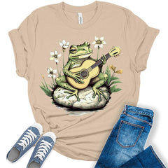 Frog Playing Guitar Floral Shirt Womens Cottagecore Aesthetic T-Shirt