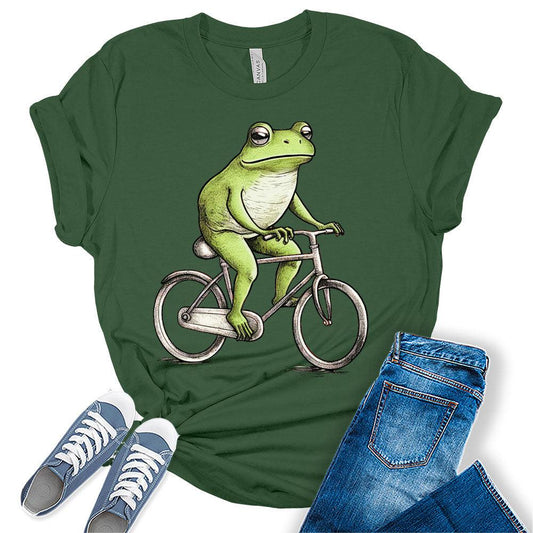 Womens Frog Shirt Cottagecore Aesthetic Frog Riding Bike T-Shirt Cute Short Sleeve Graphic Tees Plus Size Summer Tops