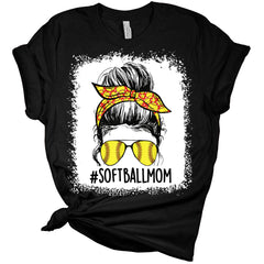 Softball Mom Life Bleached Print Shirt with Hair Bun Women's Bella Softball Mom T-Shirt