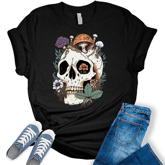 Womens Mushroom Skull Shirt Cottagecore Aesthetic T Shirt Goblincore Y2K Graphic Tees Forest