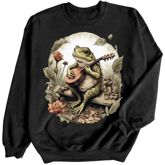 Frog Playing Music Sitting On Log Crewneck Sweatshirt