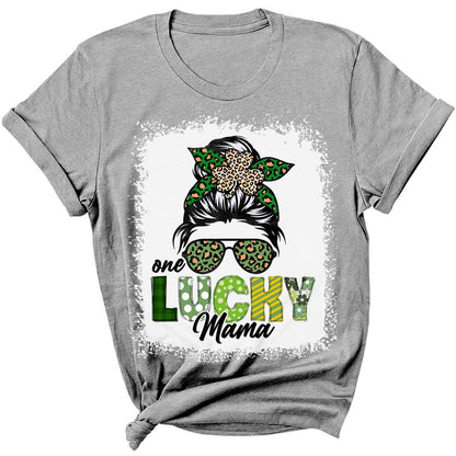 Womens One Lucky Mama Shirt Leopard Shamrock St Patricks Day Mom T-Shirt Irish Graphic Print Tee