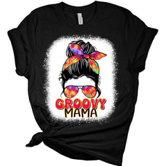 Womens Groovy Mama Shirt Messy Bun Retro 70s Mom T Shirt Bella Mama Summer Graphic Tees