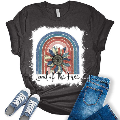 Womens 4th of July Shirts Land of The Free Patriotic American Mom Sunflower Short Sleeve Vintage Graphic Tees