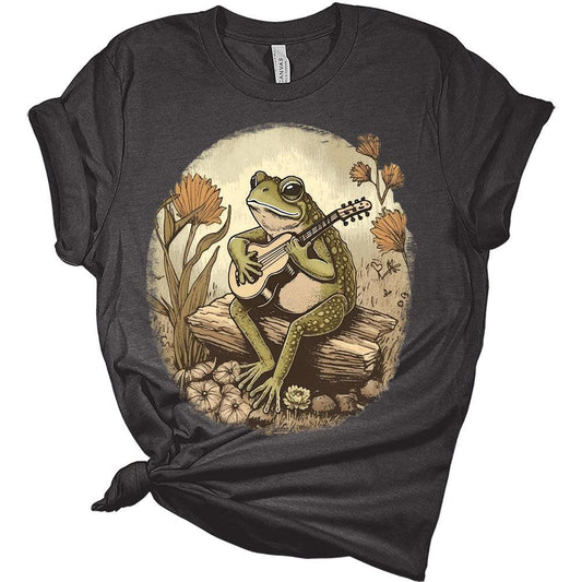 Womens Frog Shirt Cute Frog Playing Guitar Cottagecore T-Shirt Casual Graphic Tee Short Sleeve Top