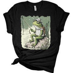 Frog Fishing Scene Shirt Womens Cottagecore Aesthetic T-Shirt