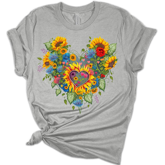 Womens Cute Heart Sunflower T-Shirt Cute Spring Graphic Tee Casual Short Sleeve Summer Top