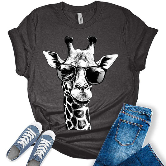 Womens Black And White Giraffe With Glasses Shirts Casual Ladies Cute Graphic Tees Spring Short Sleeve T Shirts Plus Size Summer Tops