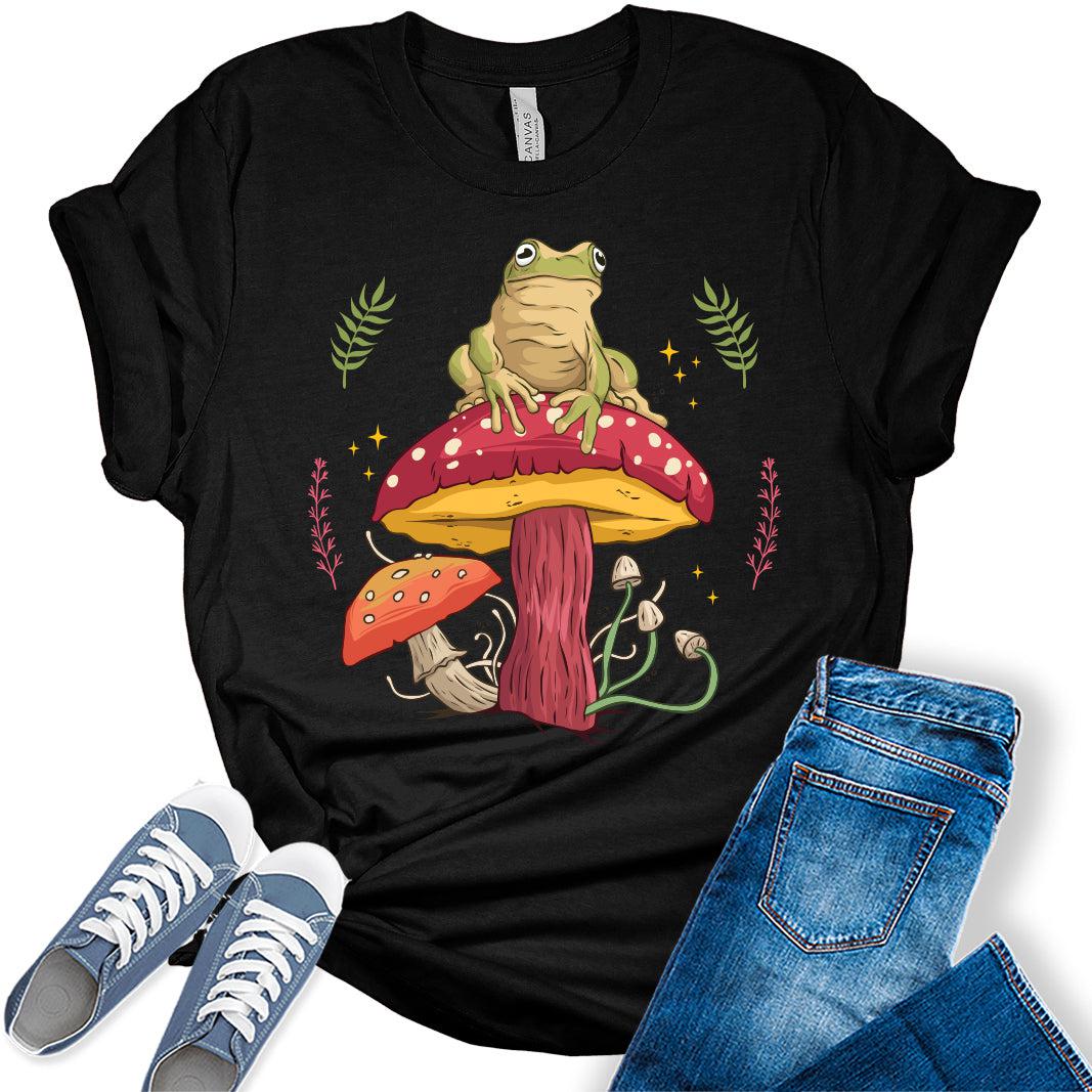 Frog On Mushroom Shirt Womens Cottagecore Shirts Cute Graphic Aesthetic T-Shirt