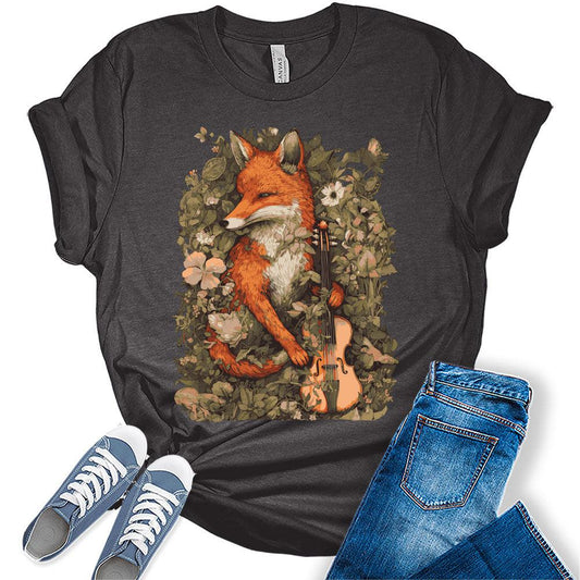 Womens Fox Shirt Cottagecore Aesthetic Cute Animal Holding Violin Tshirts Short Sleeve Bella Graphic Tees Casual Summer Tops