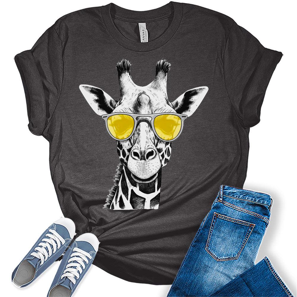 Womens Trendy Giraffe With Yellow Glasses Casual Ladies Cute Graphic Tees Spring Short Sleeve T Shirts Plus Size Summer Tops