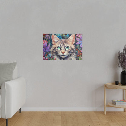 Purple Floral Cat Watercolor Stretched Canvas Print .75" Thick