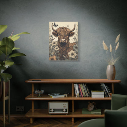 Highland Cow in a Spring Pasture Stretched Canvas Print Stretched 1.25" Thick